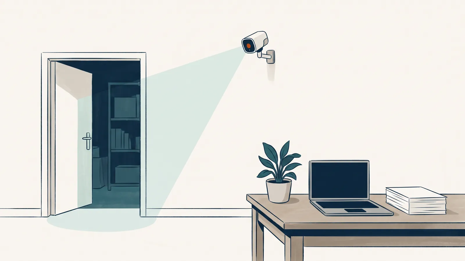 Illustratie van een kantoor met een beveiligingscamera die alleen de deur van de opslagruimte filmt en niet het bureau: cameratoezicht op het werk volgens de AVG.