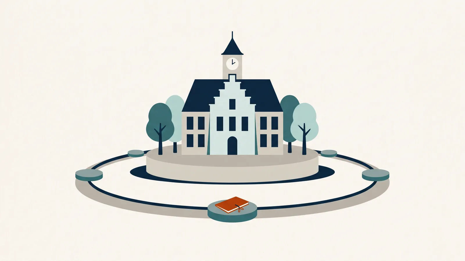 Gemeentehuis met trapgevel en klokkentoren op een rond plateau, omringd door een rondgaand pad met controlepunten; op het voorste ligt een oranje map, als beeld voor de jaarlijkse ENSIA-verantwoording.