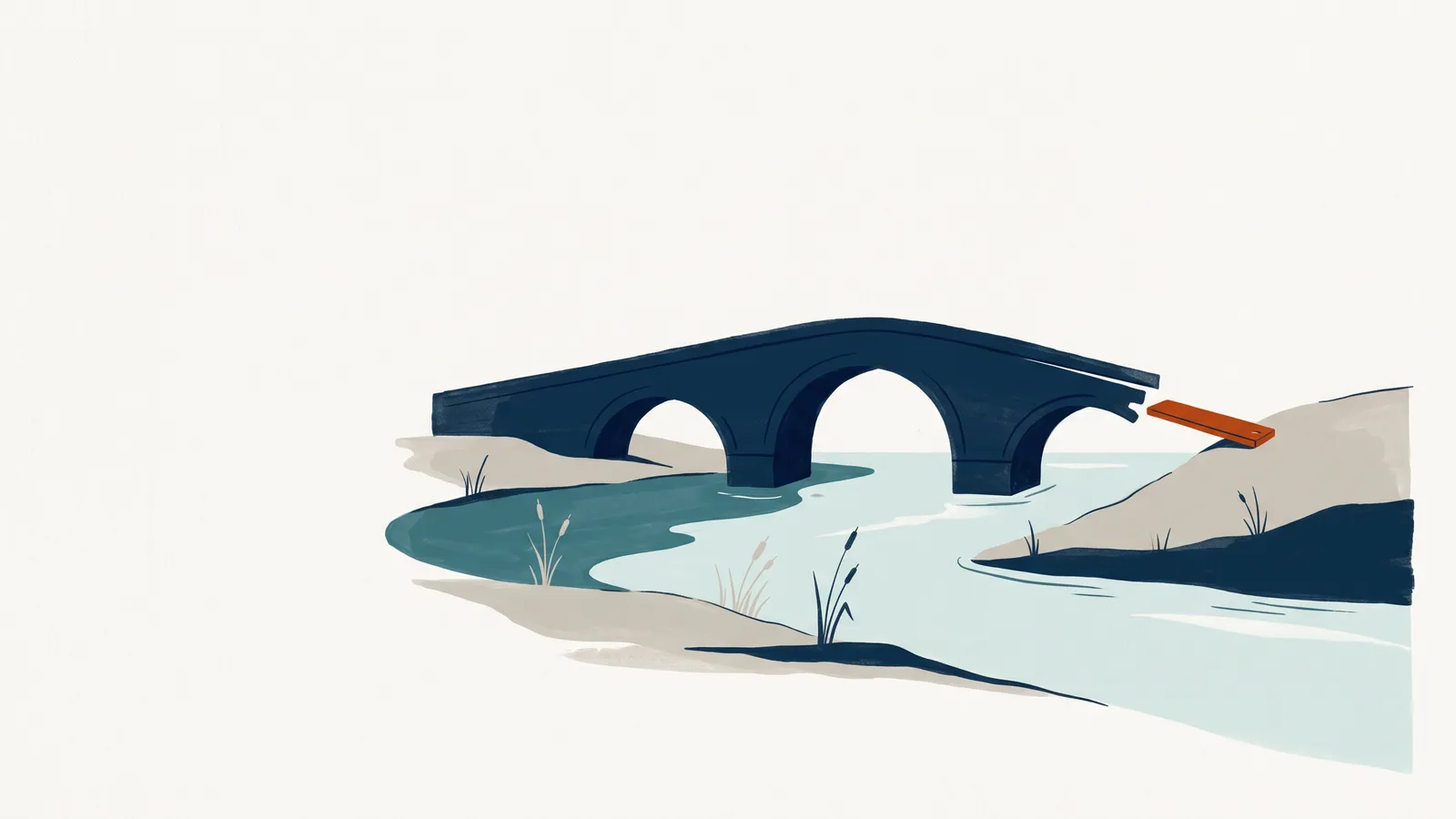Stenen brug over een rivier die de overkant net niet haalt; een oranje plank dicht het gat, zoals ISO 27001 en de Cyberbeveiligingswet op elkaar aansluiten.