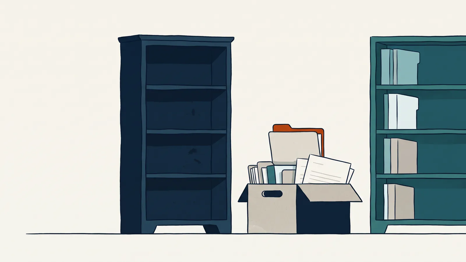 Een leeg inktblauw boekenrek, een verhuisdoos met mappen en een zeegroen rek: uw ISO-documenten veiligstellen en overstappen nu CertiKit stopt.