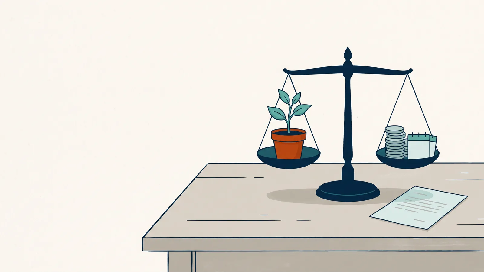 Weegschaal op een bureau met een jong plantje in een oranje pot tegenover munten en auditdagen: wat ISO 14001-certificering kost in auditdagen en prijs
