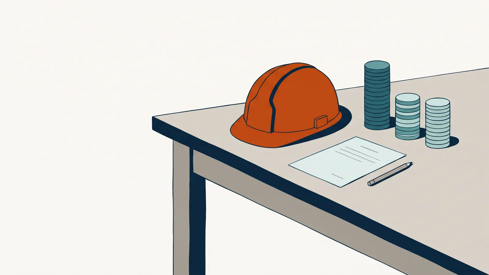Oranje veiligheidshelm op tafel naast een hoge en twee lagere stapels munten en een blanco vel: de kosten van ISO 45001-certificering en de jaarlijkse audits.