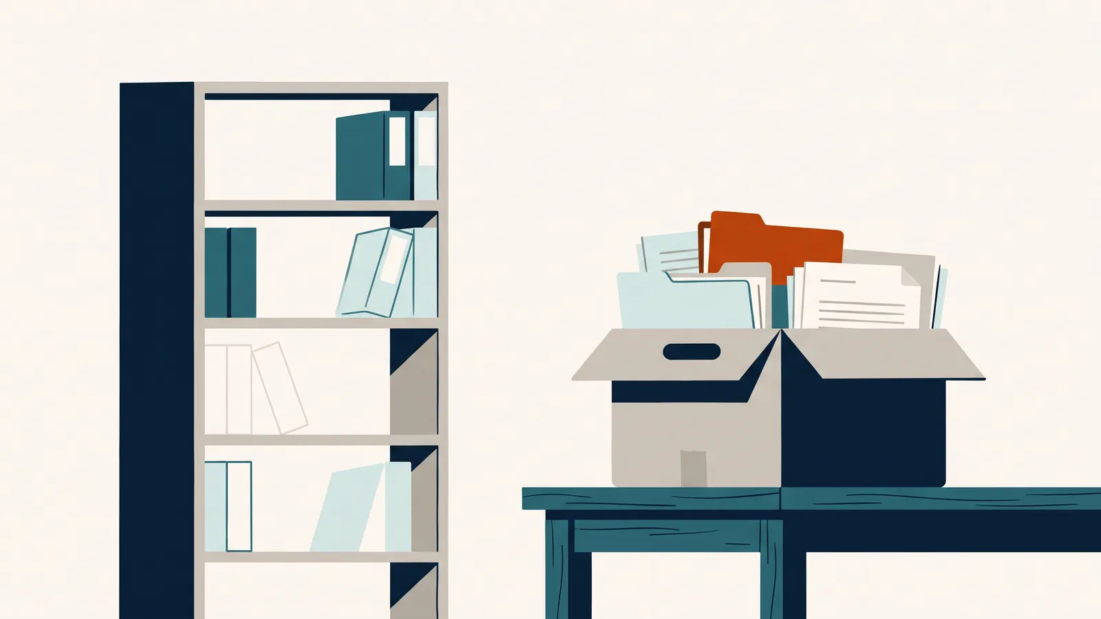 Halflege boekenkast naast een archiefdoos vol mappen en papieren met een oranje map erbovenuit: AVG-documenten veiligstellen nu Rocket Lawyer stopt.