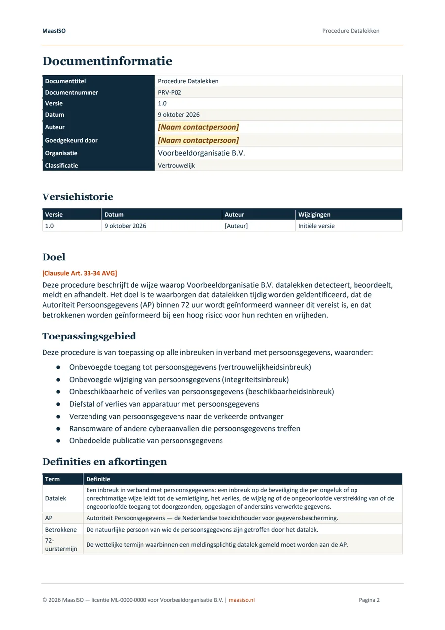 Documentinformatie van de procedure datalekken (AVG, PRV-P02)