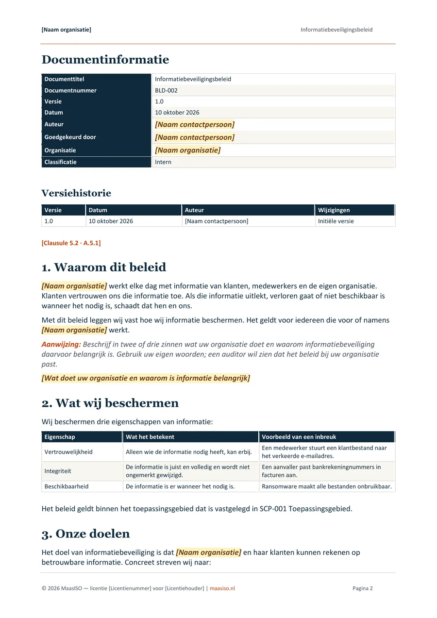 Inhoud van hetzelfde beleid, met verwijzingen naar clausule 5.2