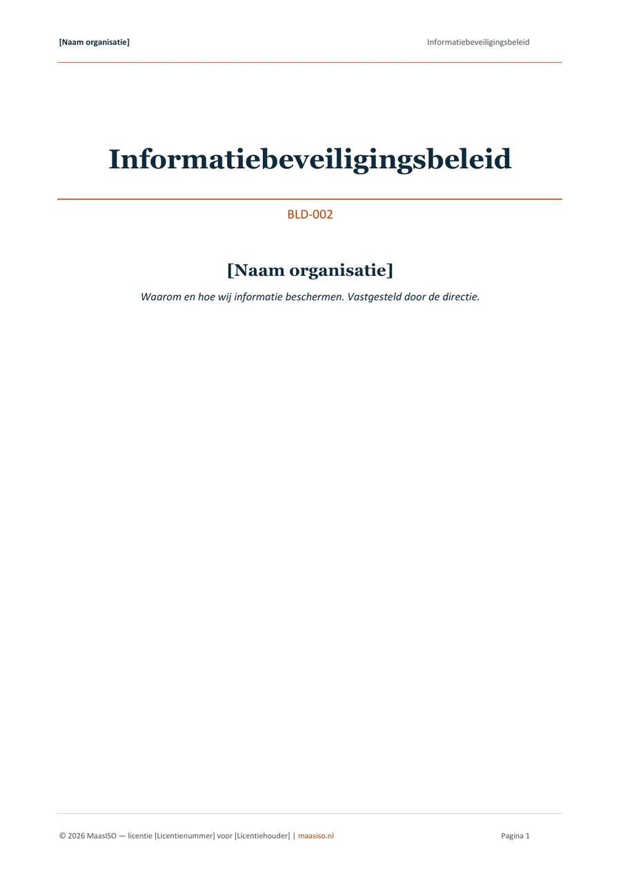 Voorblad van het informatiebeveiligingsbeleid (ISO 27001, BLD-002)